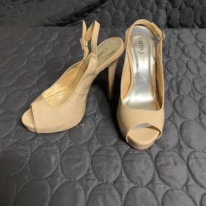 Nude Patent Leather Peep Toe Heels